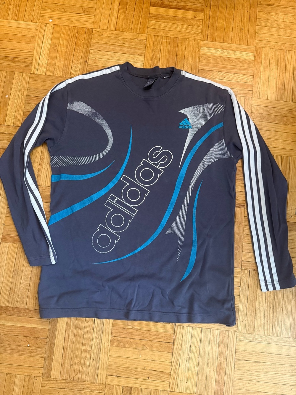 Vintage Adidas Long Sleeve T-Shirt XXL Y2K Grey 3 Stripe Swirl Graphic